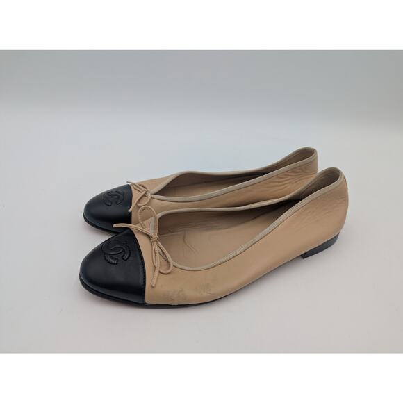 Authentic Chanel CC Logo Lambskin Bow Tie Cap Toe Ballet Flats Size 39.5 - Picture 5 of 8